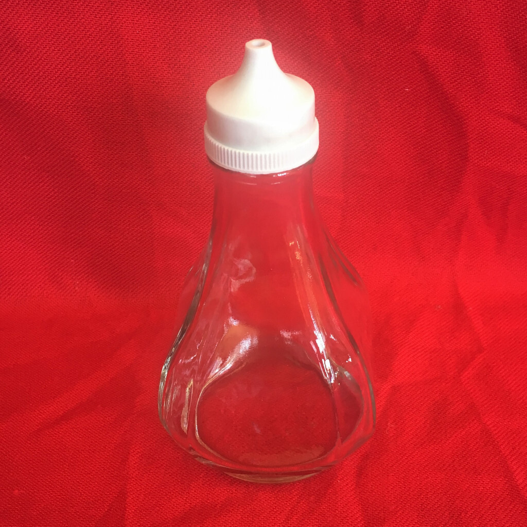 Vintage heavy glass traditional vinegar bottle + white plastic shaker