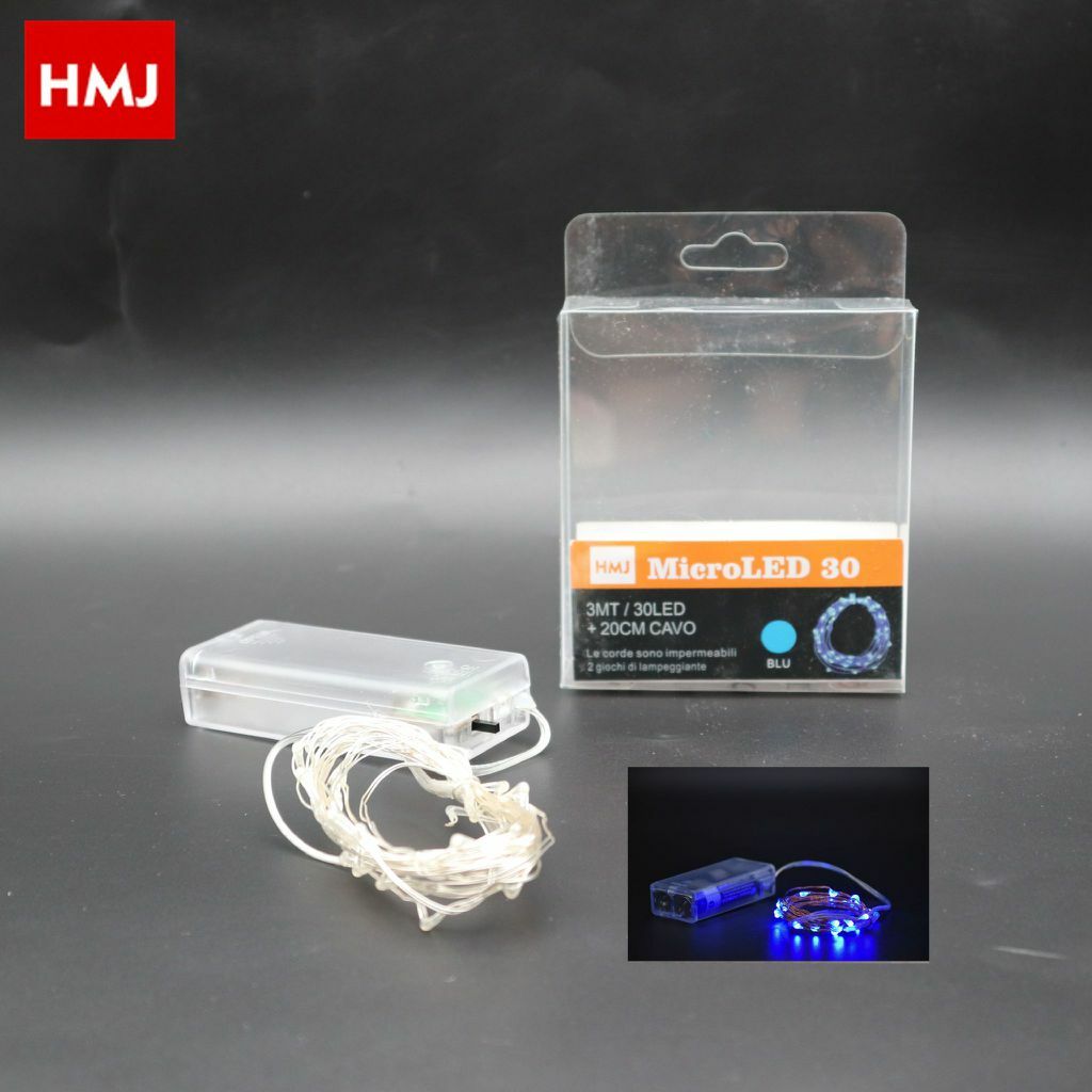 Serie Luci Natale a batteria 30 Micro LED Luce Blu Filo Trasparente hmj