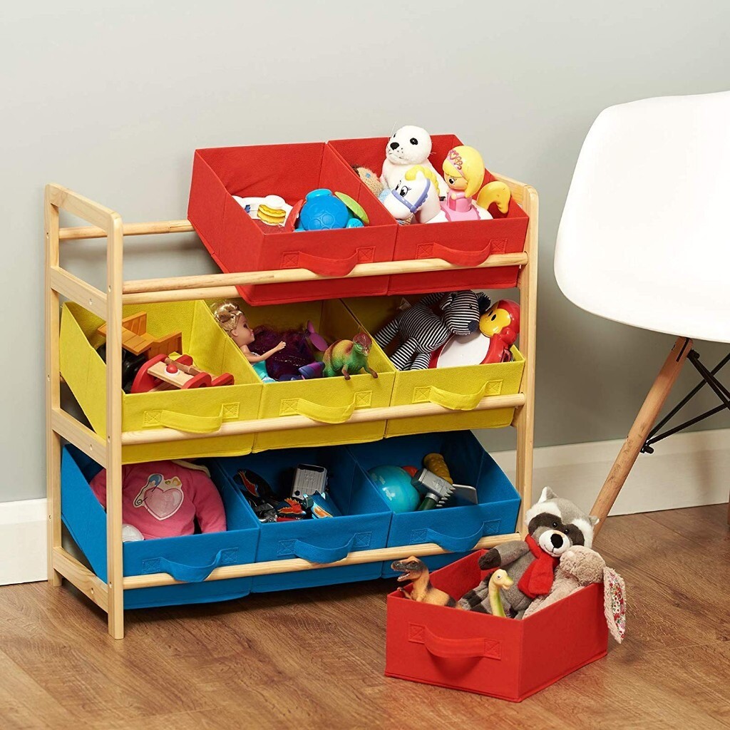 Hartleys 3 Tier Storage Unit With 9 Canvas Bins Yellow Blue Red