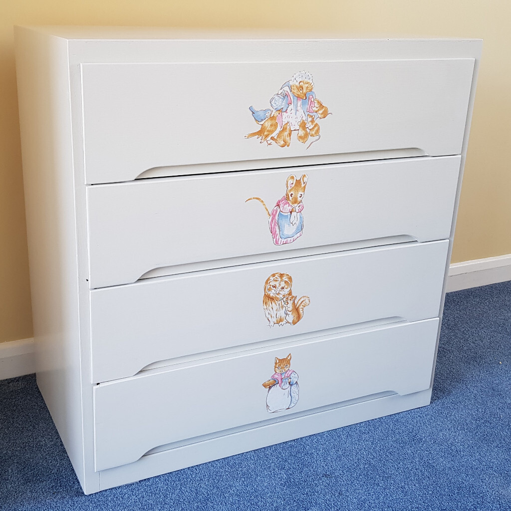 Upcycled Painted Chest Of 4 Drawers With Beatrix Potter Characters