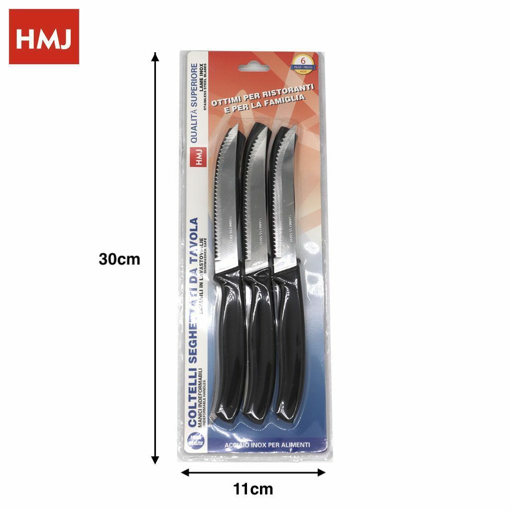 Set 6 Pezzi Coltelli Da Tavola Lama Acciaio Seghettati Manico Nero Cucina hmj