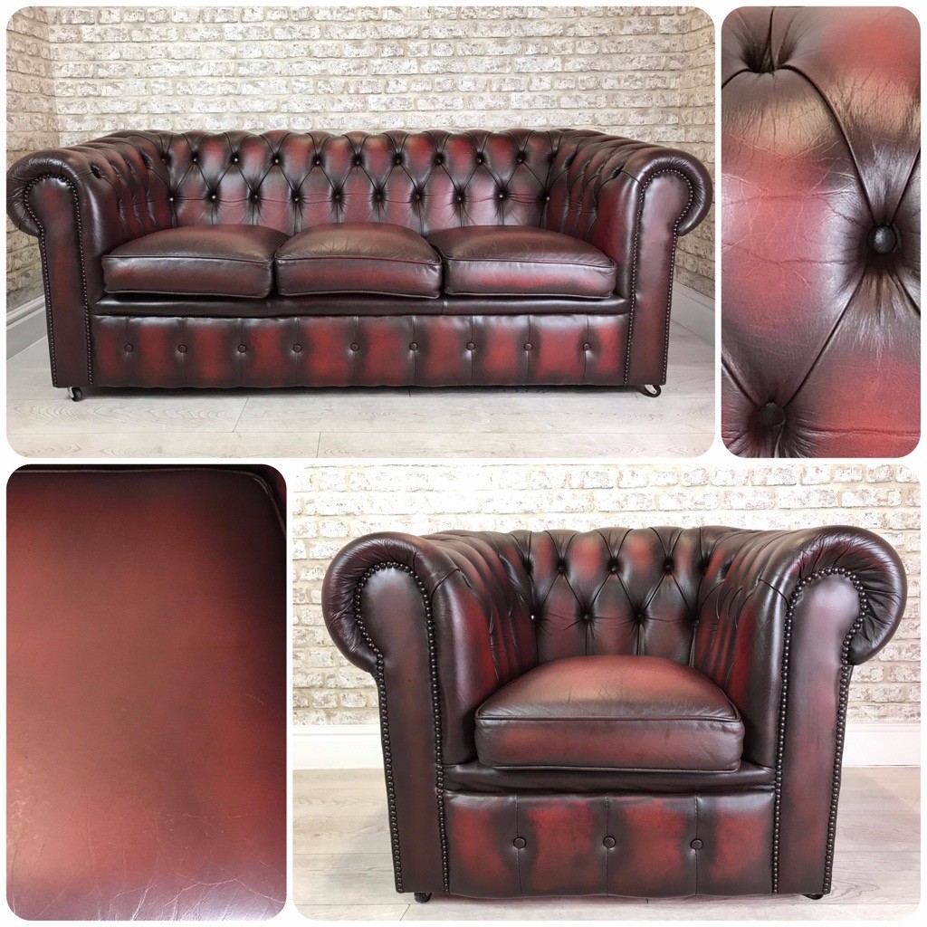 Oxblood Red Leather Chesterfield Club Sofa & Armchair in North