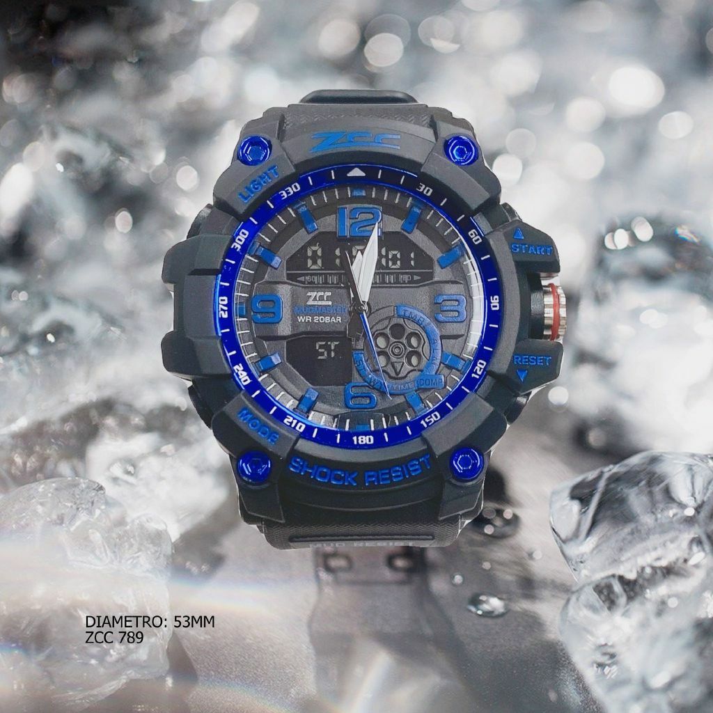 Orologio Polso Zcc 789 Digitale Sveglia Data Subacqueo Sport Dual Time Blu lac