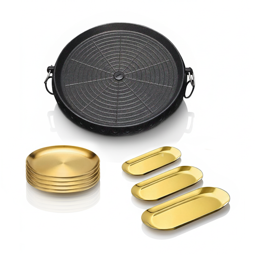 SOGA Korean BBQ Grill Set Stone Stove, Gold Grilling Plate and Nordic Plates Kit
