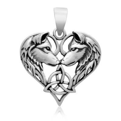 925 Sterling Silver Viking Pair of Wolves Fenrir Triquetra Wolf Pagan Pendant