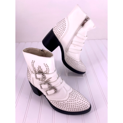 Bella Star Womens Ankle Boots Booties White Studded Mid High Block Heel US 8