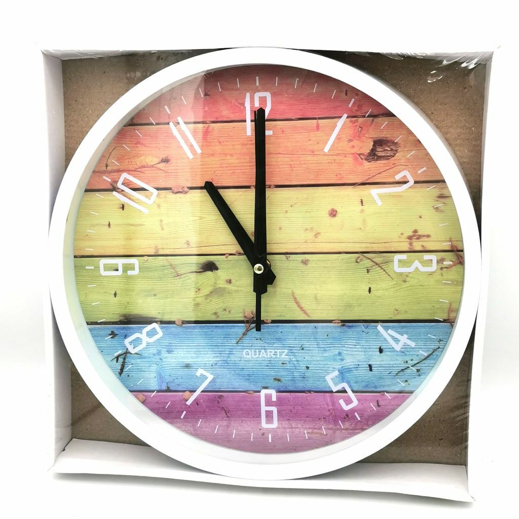 Orologio Da Parete Tondo Quarzo Muro Assi Legno Arcobaleno Dimensioni 30cm sus