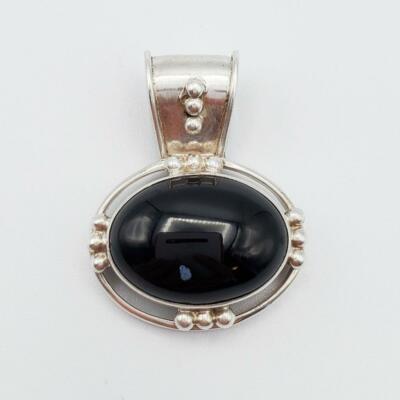 Sterling & Snowflake Obsidian Oval Pendant   7/8  wide
