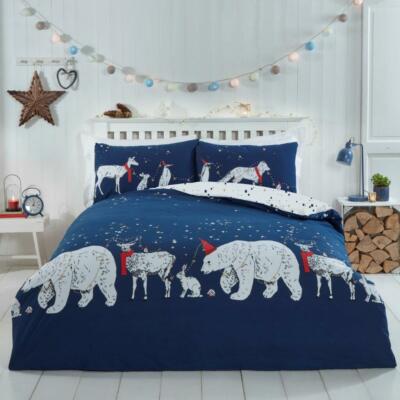 Navy Polar Bear & Winter Animals Reversible with stars Duvet Cover Bedding Set