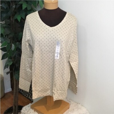 Croft & Barrow long sleeve v neck tee Womans XXL cream black dots