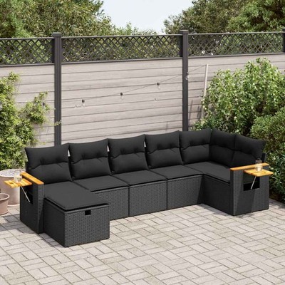 vidaXL 7 Piece Garden Sofa Set with Cushions Black Poly Rattan