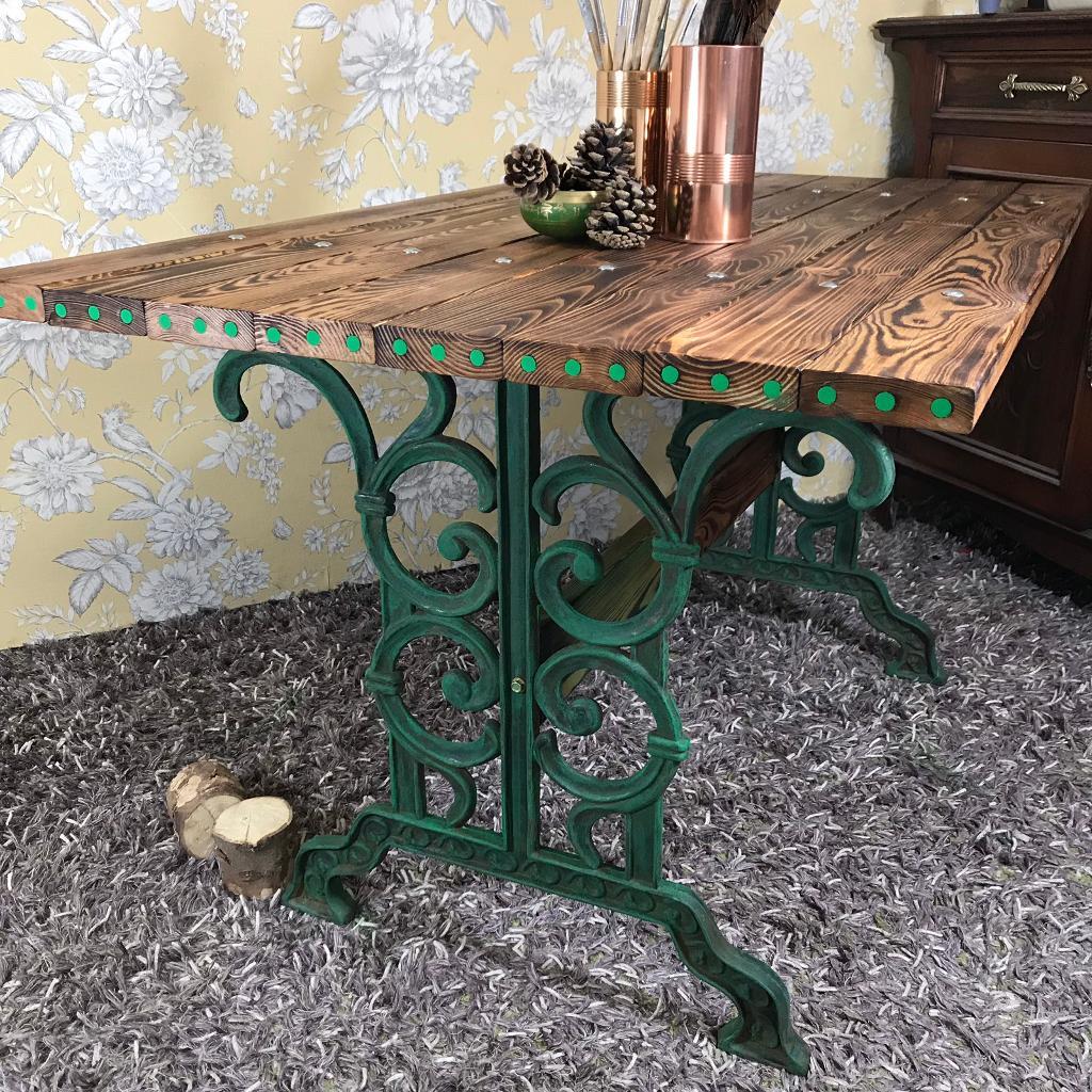 Refectory style table from reclaimed antique wrought iron table base & solid pine wood in