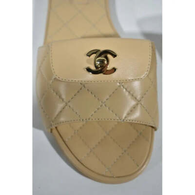 Pre-owned Chanel Rev Beige Turnlock Quilted Gold Cc Logo Mules Slide Sandal Flop Flat 40.5