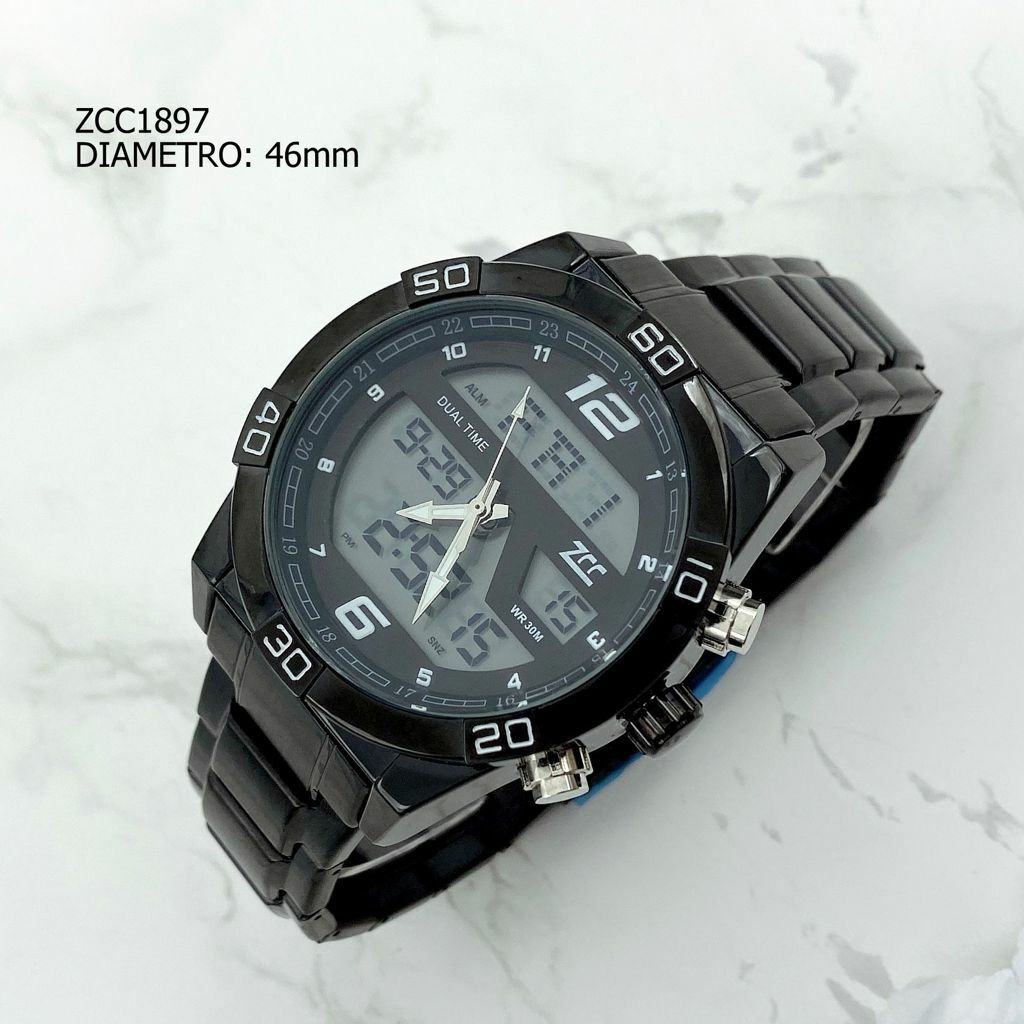 Orologio Polso ZCC 1897 Uomo Quarzo Acciaio Dual Time Nero lac