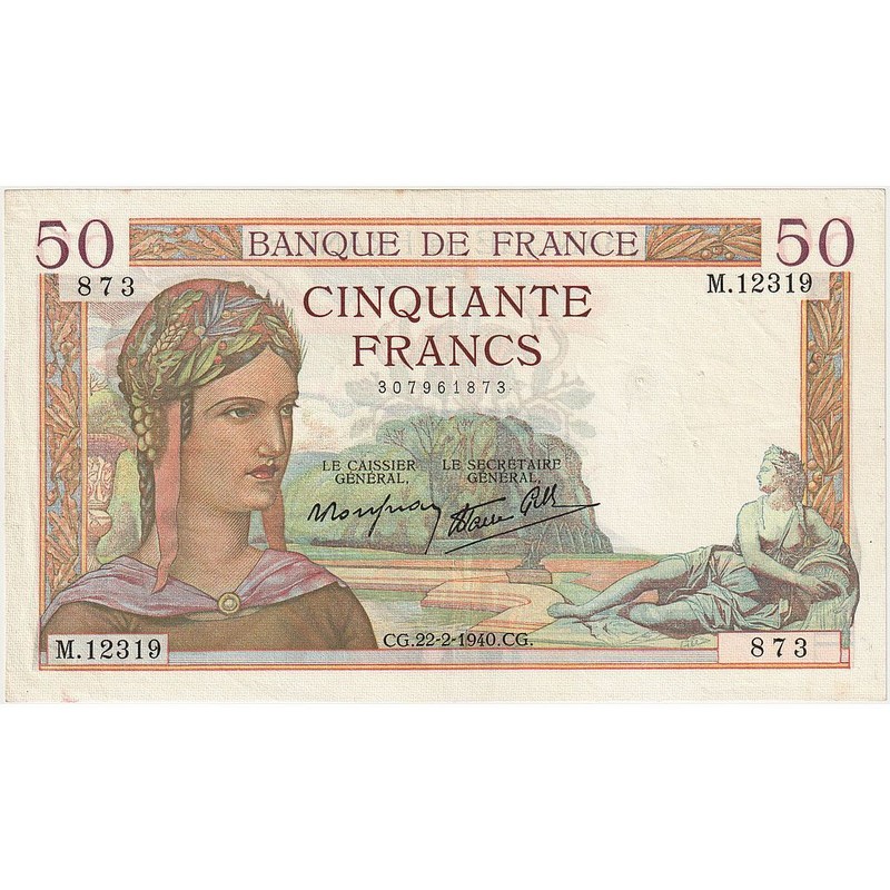 France, 50 Francs, CÃ©RÃ¨S, 1940, M.12319, Sup, Fayette:18.39, Km:85b