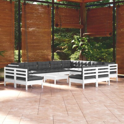 vidaXL 13 Piece Garden Lounge Set with Cushions White Solid Pinewood
