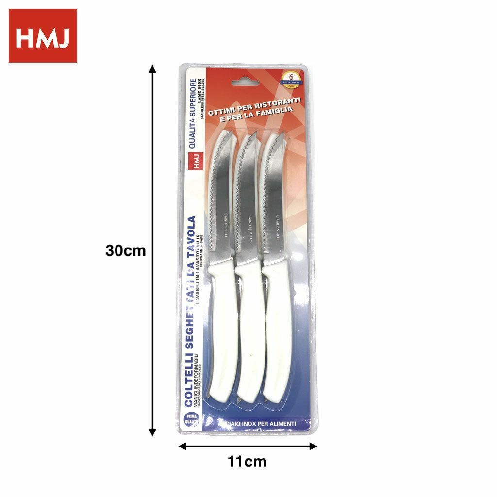 Set 6 Pezzi Coltelli Da Tavola Lama Acciaio Seghettati Manico Bianco Cucina hmj