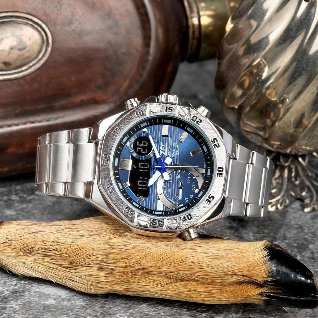 Orologio Polso ZCC 201 Uomo Quarzo Acciaio Dual Time Silver Blu lac