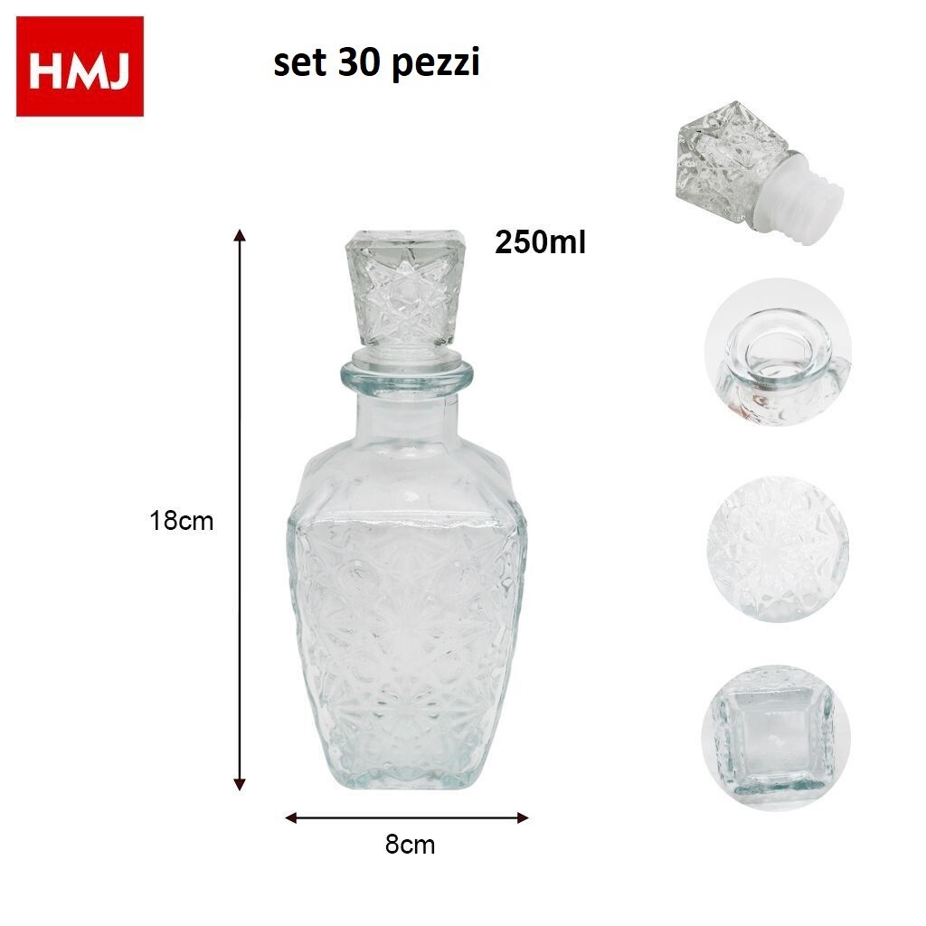 Set 30 Pezzi Bottiglia Decorata Vetro Liquori Bevande Quadrata 250ml hmj