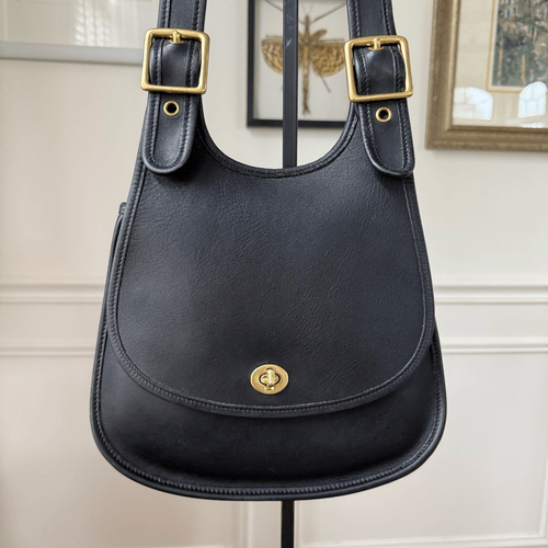 Vintage 90s Coach Crescent Saddle Bag Black Leather Brass