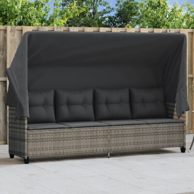 vidaXL Sun Lounger with Canopy and Cushions Grey Poly Rattan