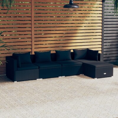 vidaXL 5 Piece Garden Lounge Set with Cushions Poly Rattan Black