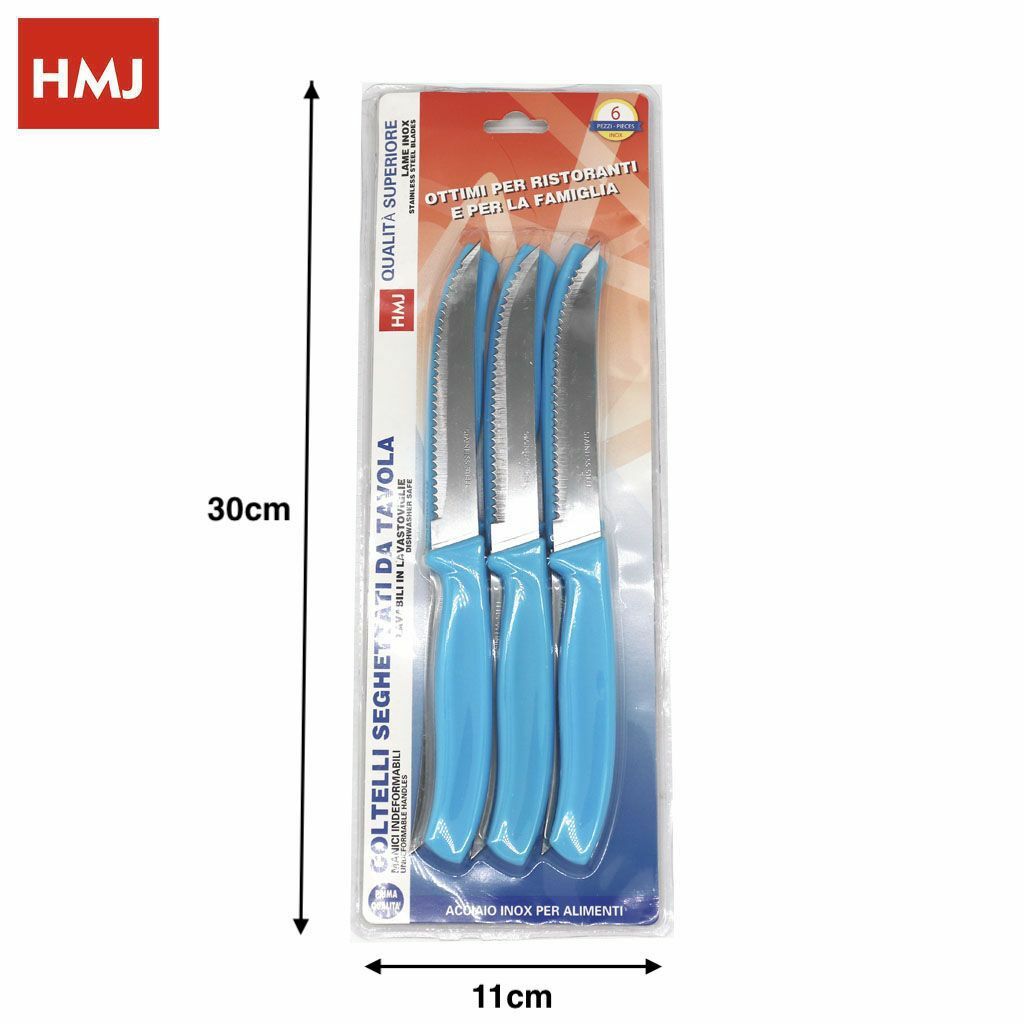 Set 6 Pezzi Coltelli Da Tavola Lama Acciaio Seghettati Manico Azzurro Cucina hmj