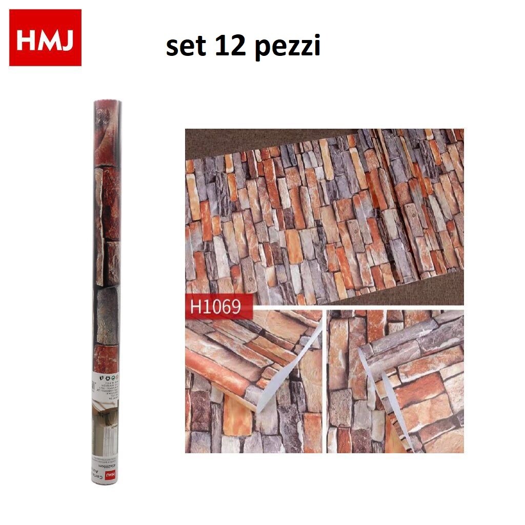 Set 12 Pezzi Rotolo Adesivo Per Muri Parete In Pvc 45cmx2mt Mattoni 24029 hmj