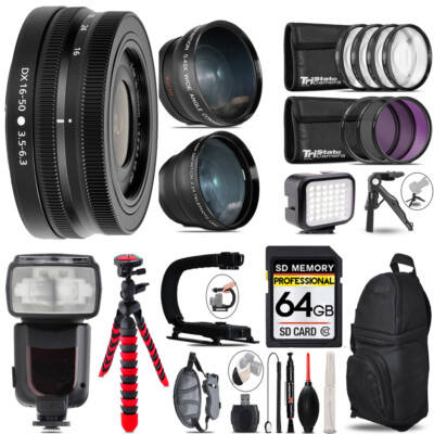Nikon Z DX 16-50mm VR Lens + Pro Flash + LED Light + Tripod - 64GB Kit