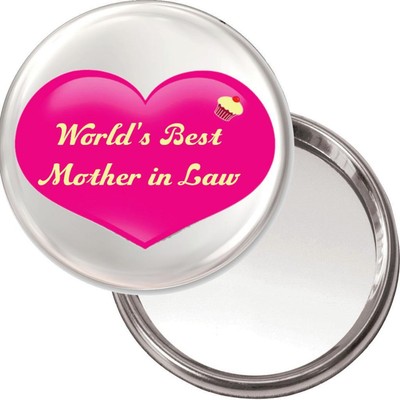 NEW Unique Button Mirror. Pink Heart, wording ''World's best Mother in Law''