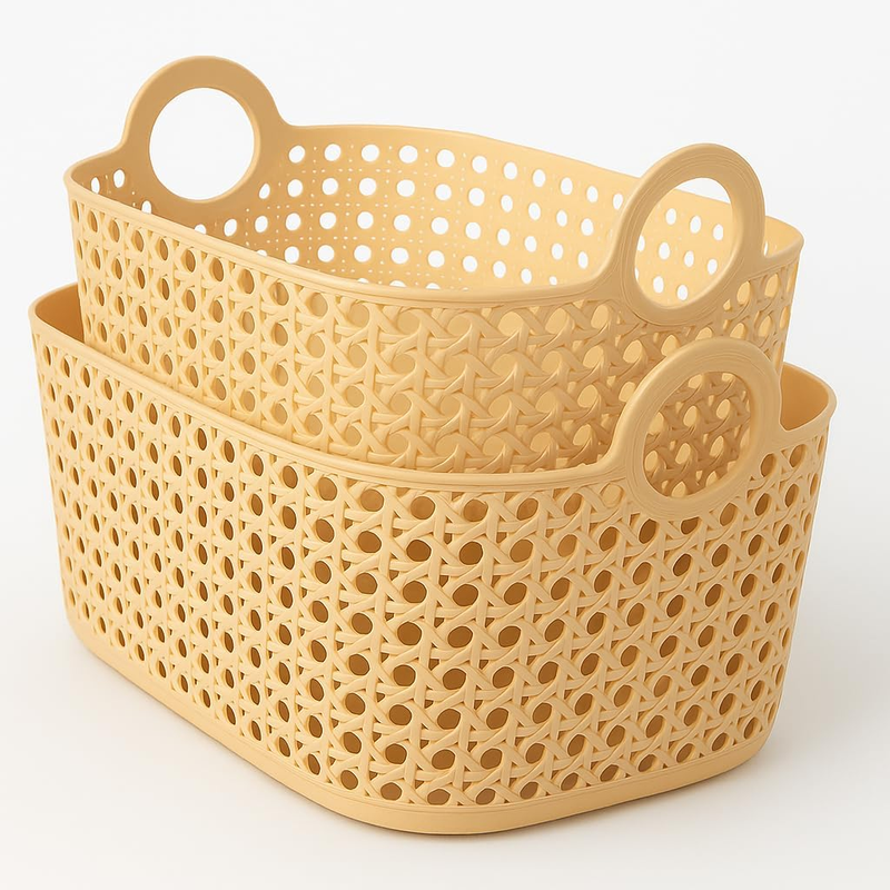 Multipurpose Storage Baskets 2-Pack – Rattan Look Beige, Small & Medium with Han