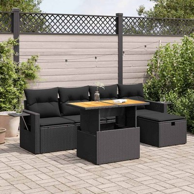 vidaXL 6 Piece Garden Sofa Set with Cushions Black Poly Rattan Acacia