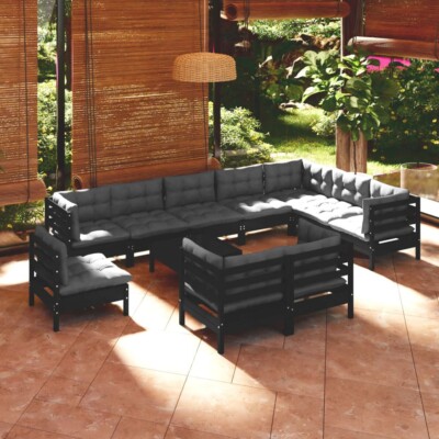 vidaXL 11 Piece Garden Lounge Set with Cushions Black Solid Pinewood