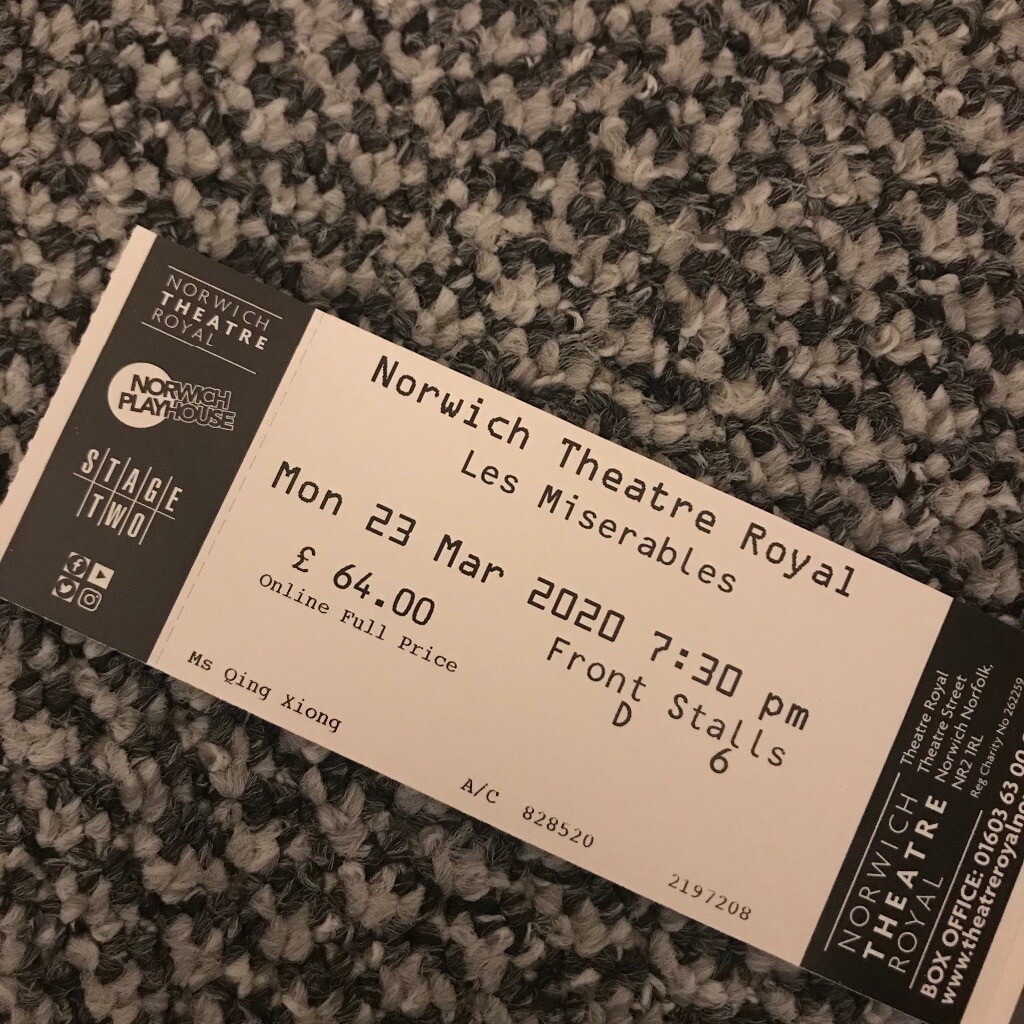 Les Miserable ticket at Norwich theatre royal in Norwich, Norfolk