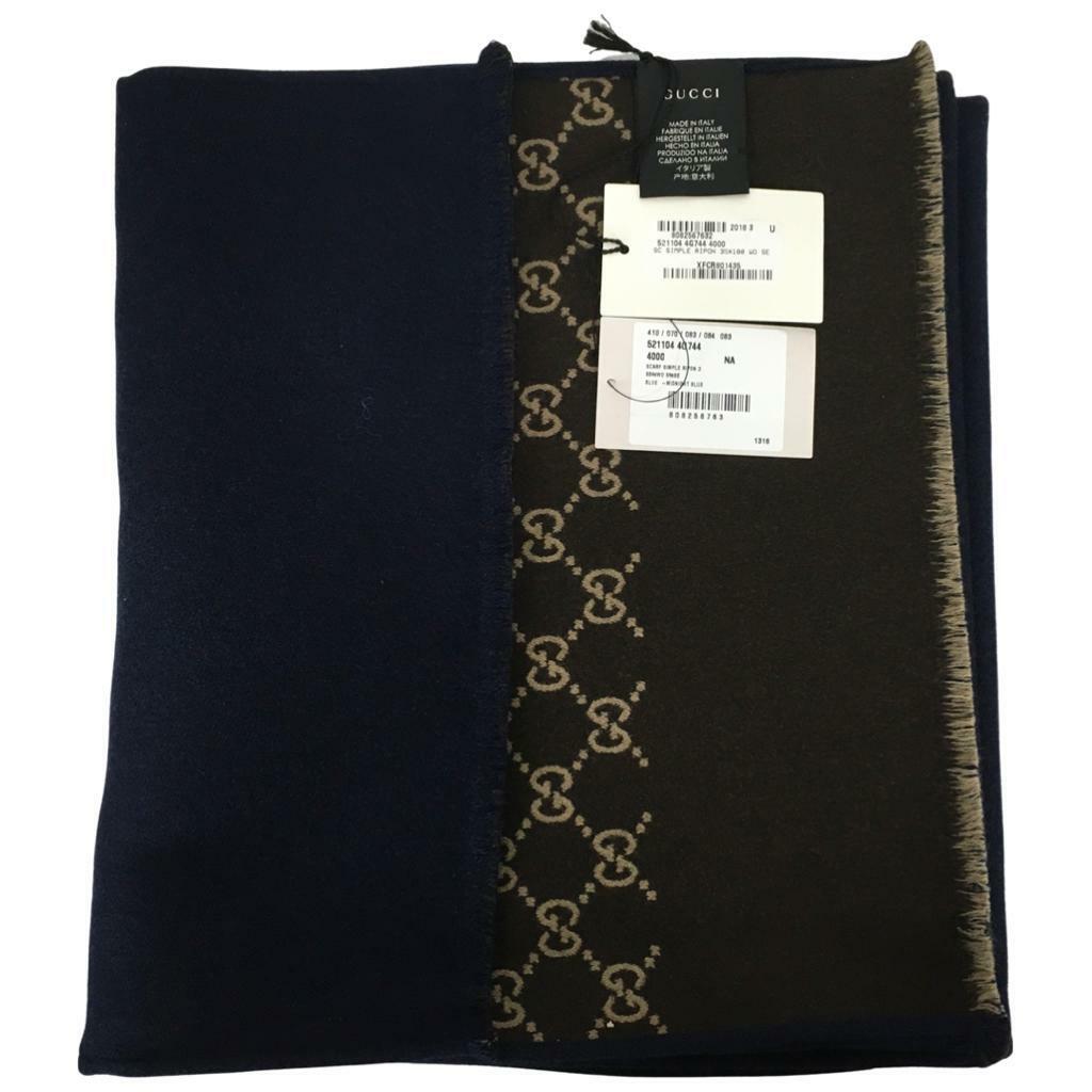 Pre-owned Gucci Men's Scarf Double Sided Blue Other Side Brown Beige Monogram Gg Dm14