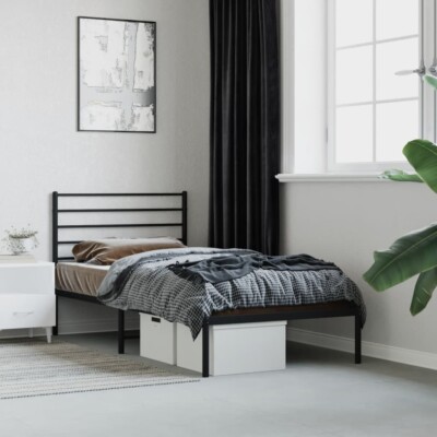 vidaXL Metal Bed Frame with Headboard Black 107x203 cm King Single Size
