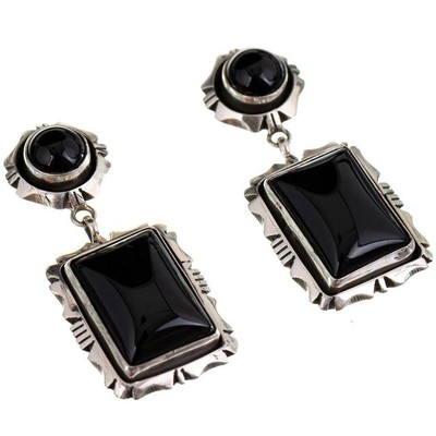 Navajo Earrings Sterling Silver BLACK ONYX Velvet Dangles Rectangle