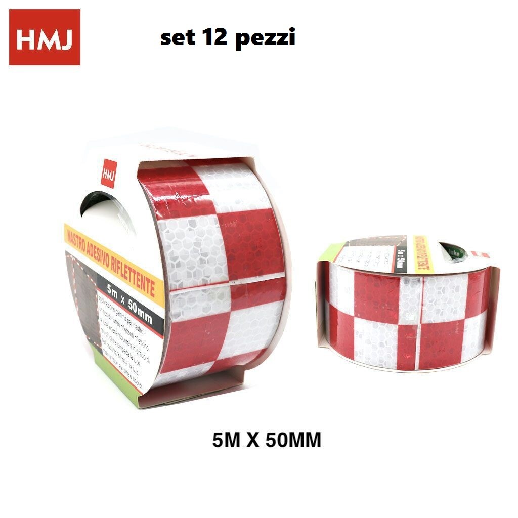 Set 12 Pz Nastro Adesivo Riflettente Impermeabile Bianco Rosso 5mx50mm hmj