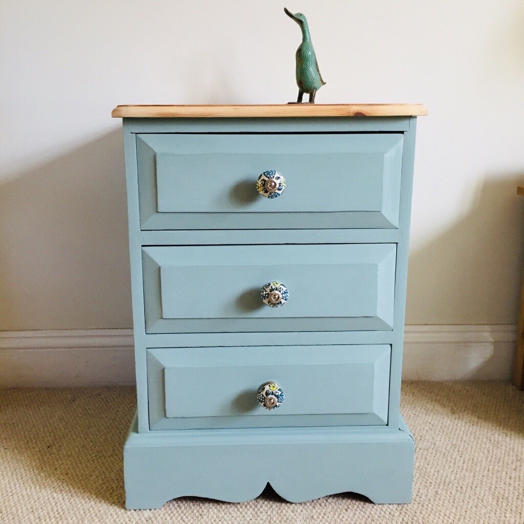 Solid pine three drawer bedside painted duck egg blue in