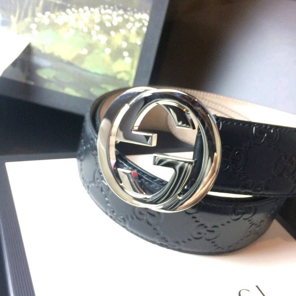 Mens silver buckle black leather sued inner mens belt gucci boxed gift ...