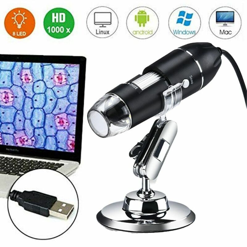 8 LED 1000X 3MP USB Digital Microscope Endoscope Magnifier Camera w/ Stand Black