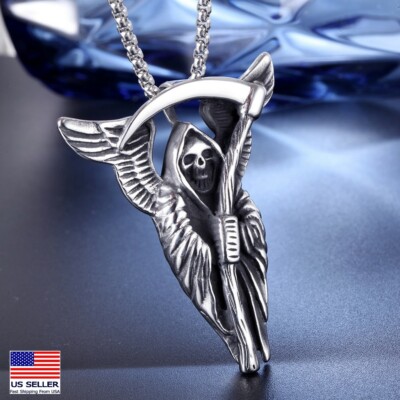 MEN Stainless Steel Death Scythe Weapons Skull Wings Pendant Necklace 0226
