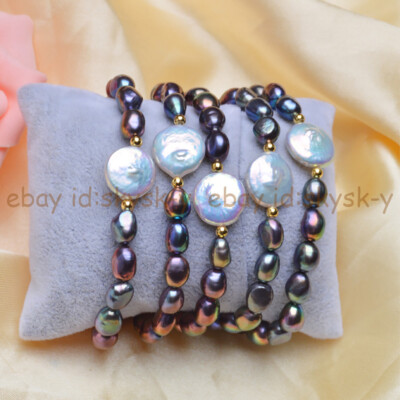 7-8mm Rainbow Black Pearl 12-13mm White Coin Pearl Elastic Bracelet 7.5''
