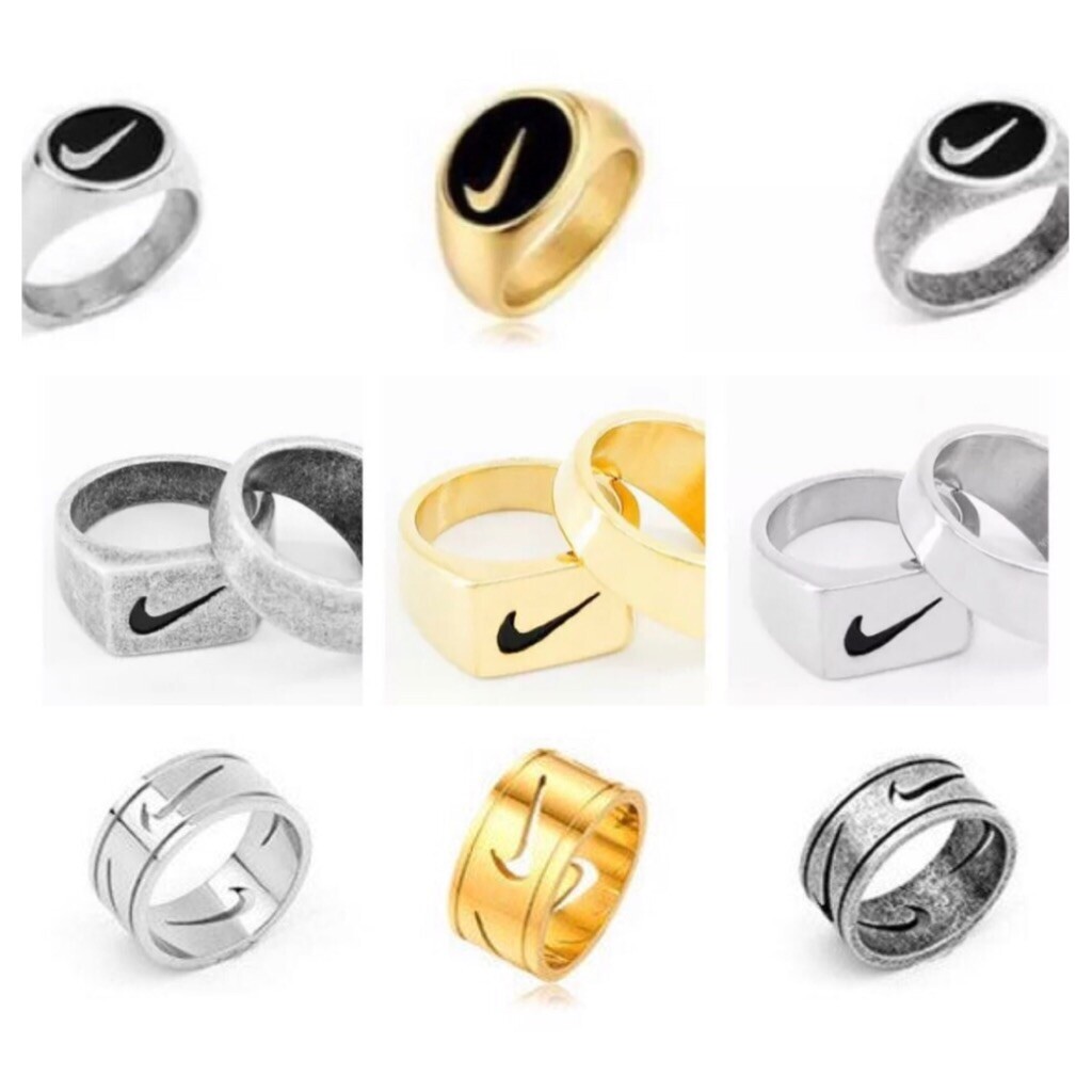 Nike Bootleg Silver925 Ring 16.5号 Swoosh Silver Nike Swoosh Black Pattern Ring - Stainless Steel