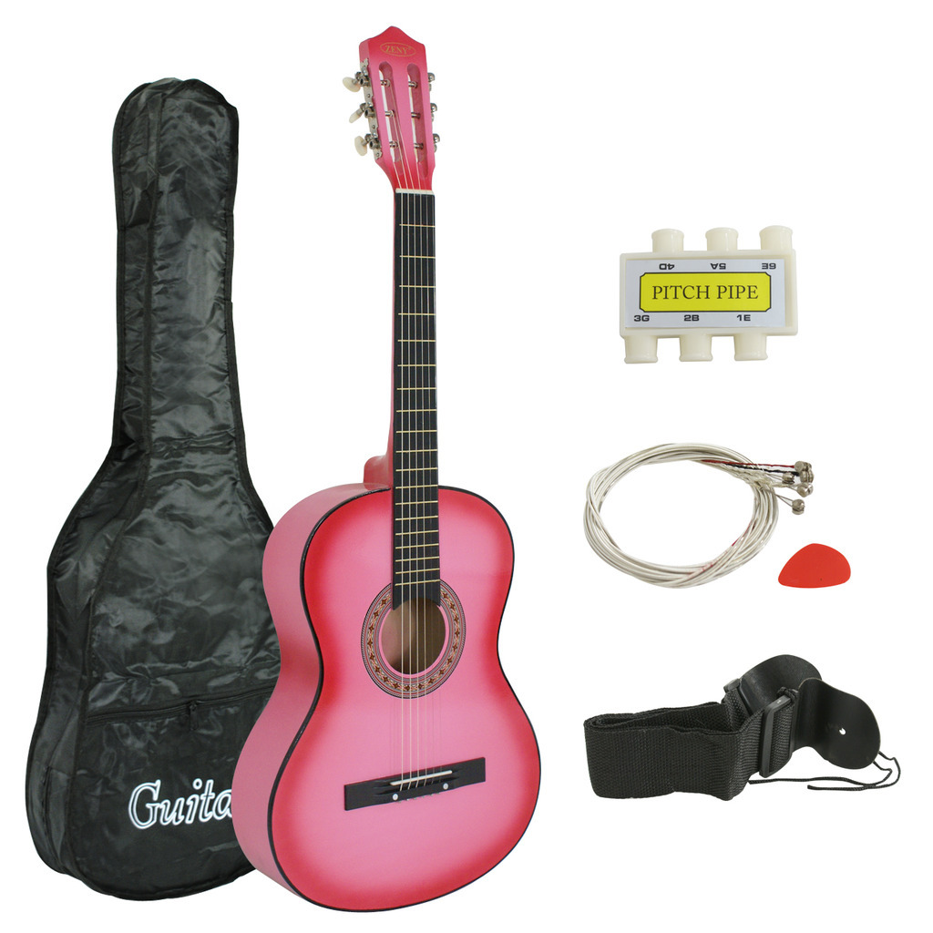 Color:Pink:38" Wooden Beginners Acoustic Guitar With Guitar Case Strap Tuner and Pick