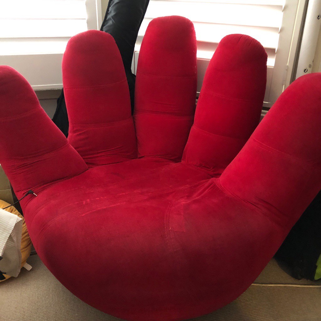 Fun large red velvet HAND chair. So comfortable and spins around! in