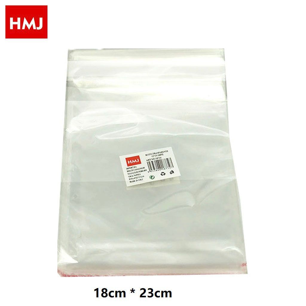 Set 100 Sacchetti Trasparenti Plastica Buste Cellophane Autoadesiva 18x23cm hmj