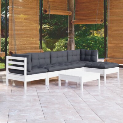 vidaXL 6 Piece Garden Lounge Set with Cushions White Pinewood