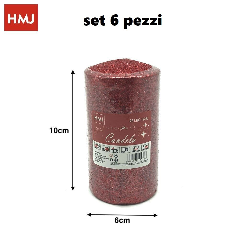 Set 6 Pezzi Candele Rosse Glitter Brillantini 218g Decorazione Natale hmj