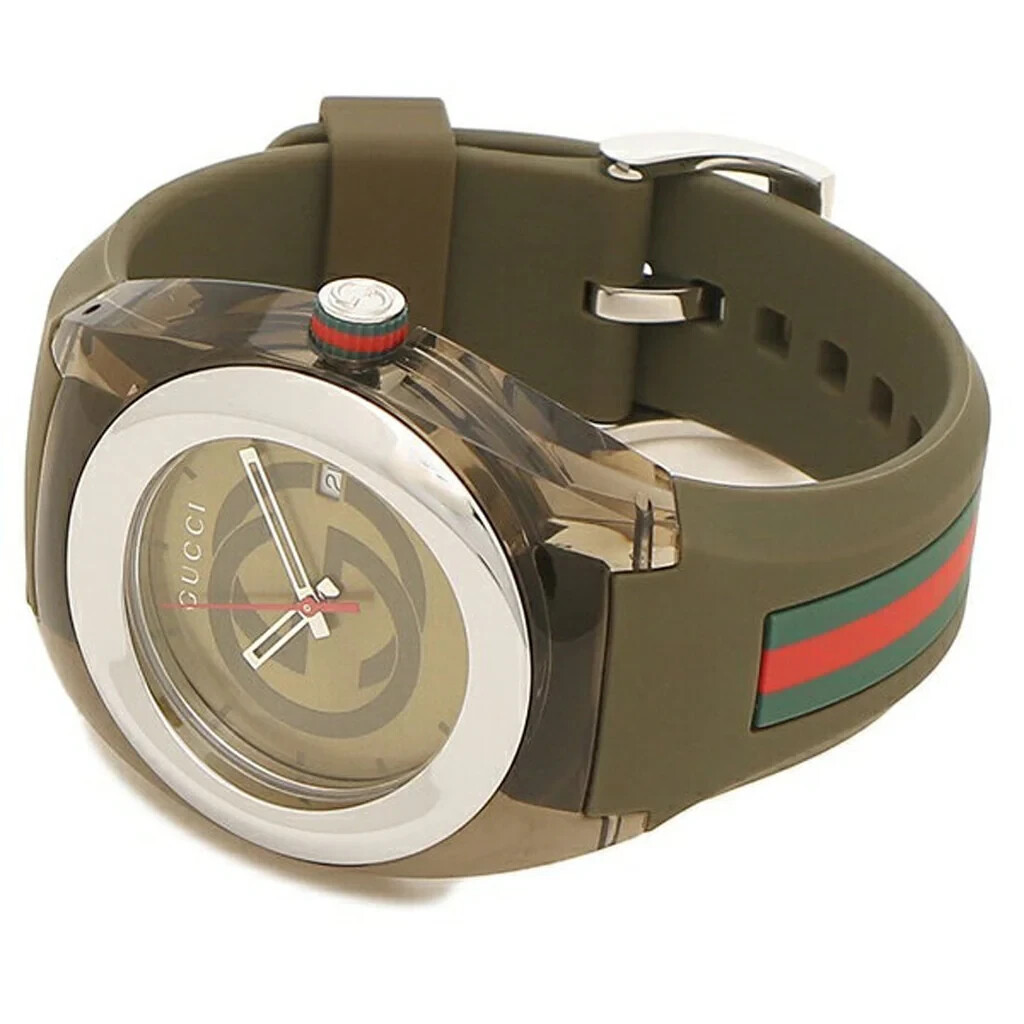 Pre-owned Gucci $680 Msrp |  Sync Xxl Men's Khaki Rubber Band Watch - Ya137106